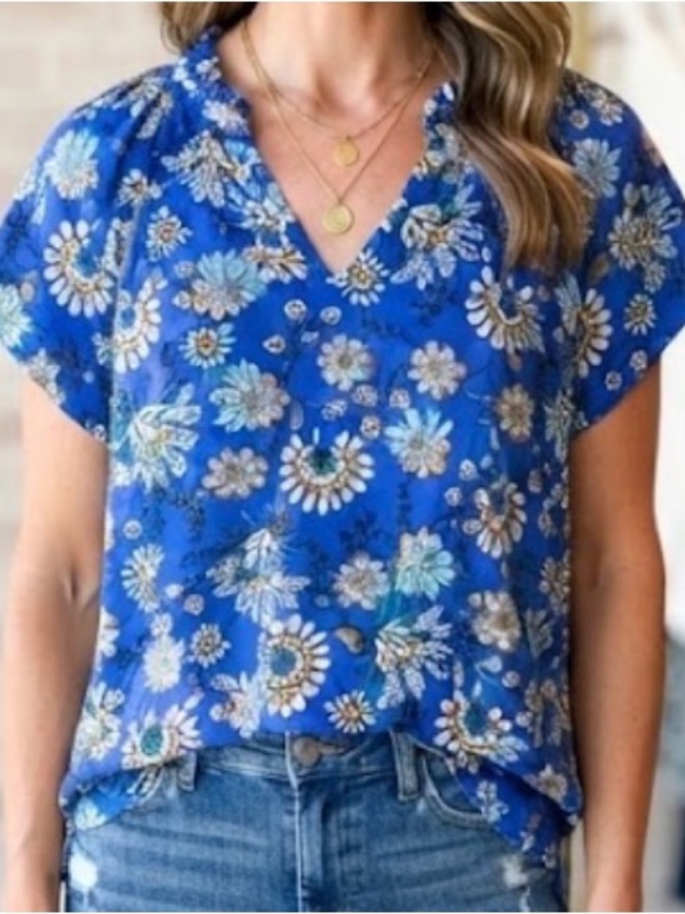 Soft Surroundings Blue Floral V-Neck Ruffle Short Sleeve Blouse Top Size L Boho